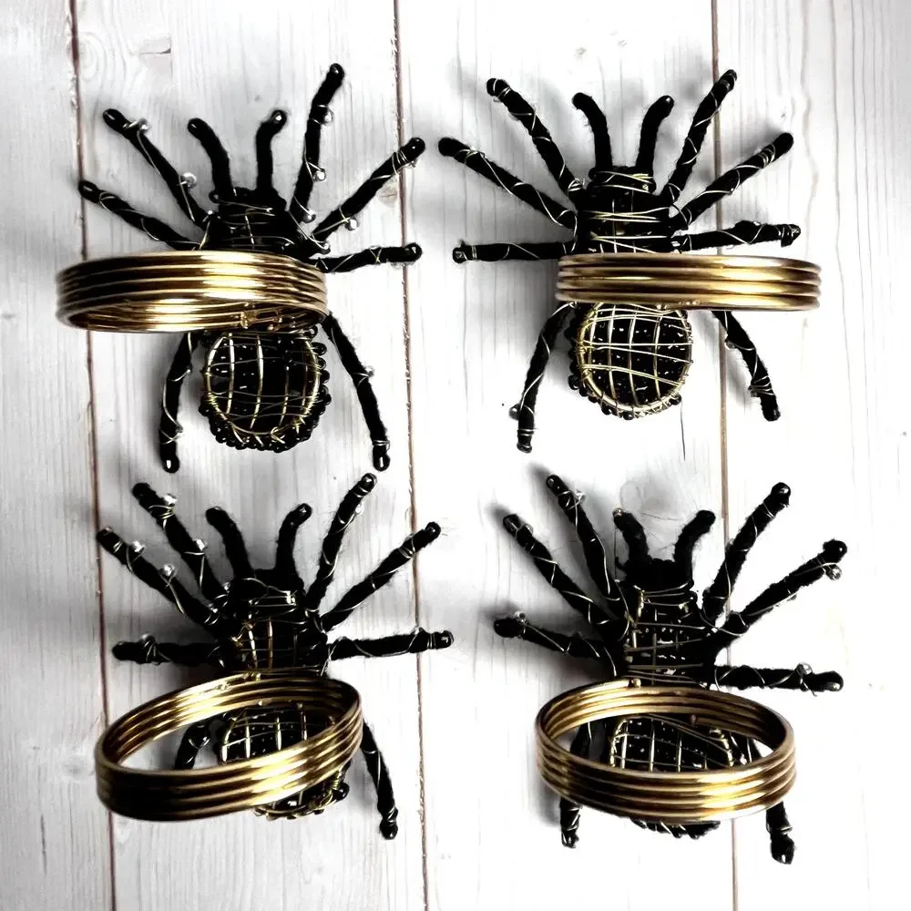 Set of 4 Black Widow Spider Beaded Napkin Rings Rhinestone Gold Halloween Glam